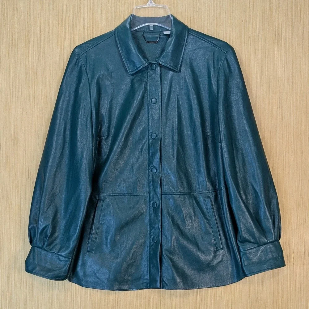 Chicos Faux Leather Shirt Jacket Teal Green Button Front‎ Shacket Size Large